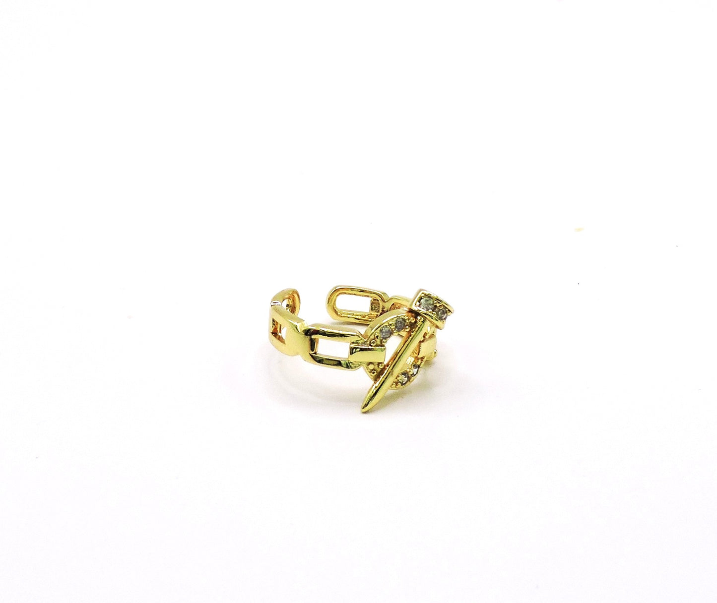 Link ring with diagonal nail in gold-filled and zircon