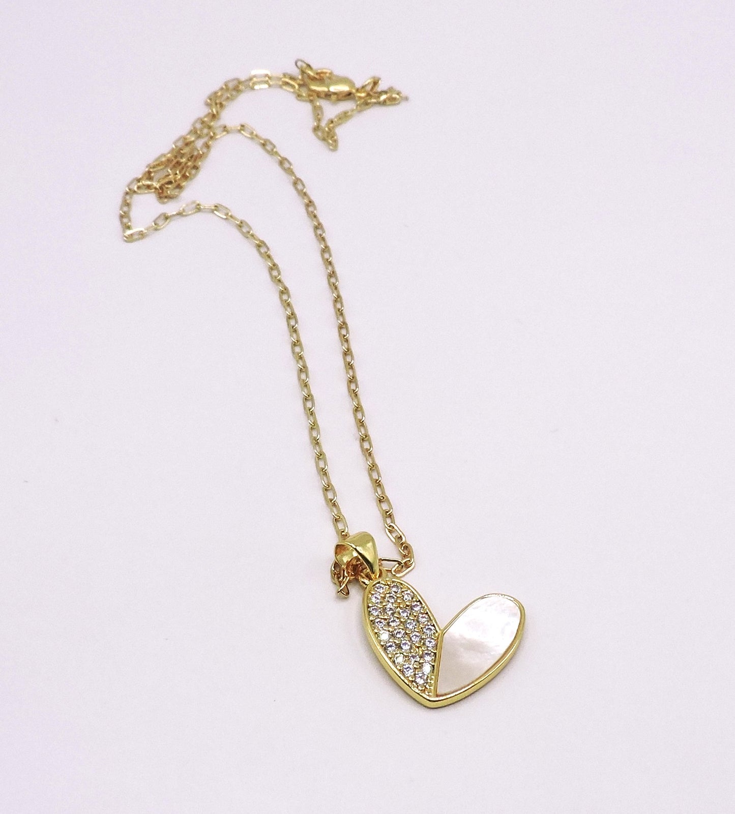 Mother of Pearl and Micropave Heart Necklace in Goldfilled