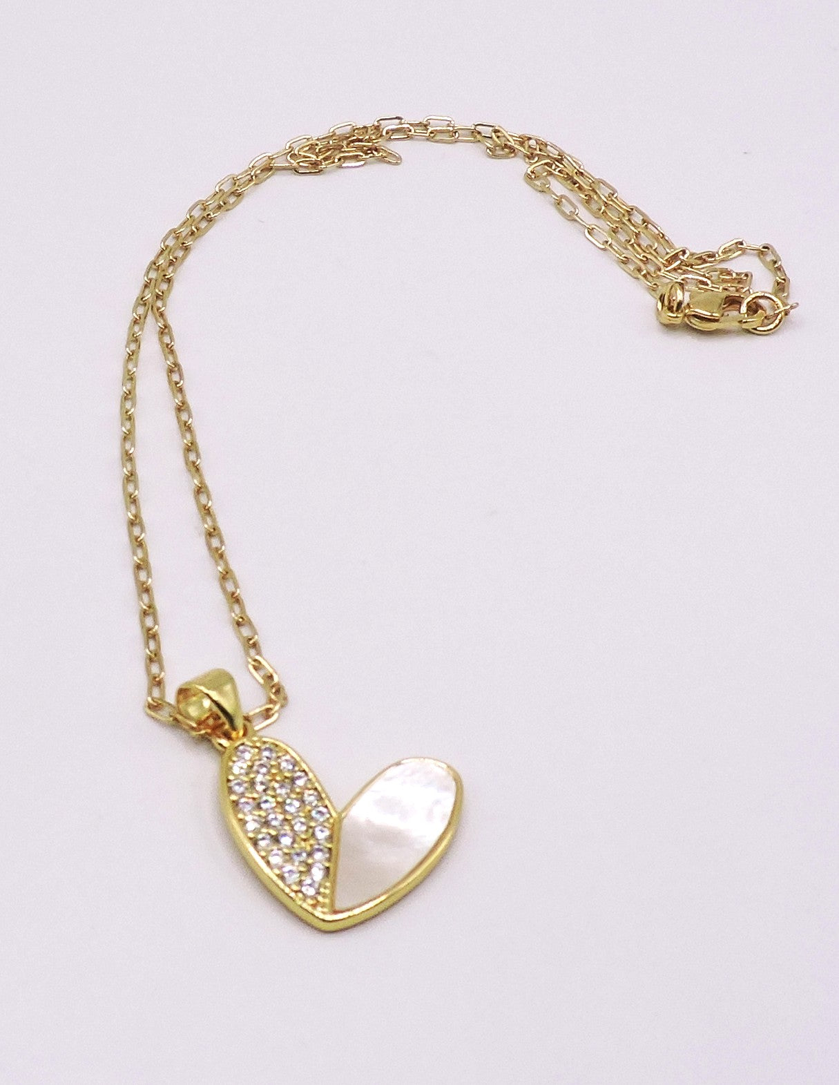 Mother of Pearl and Micropave Heart Necklace in Goldfilled