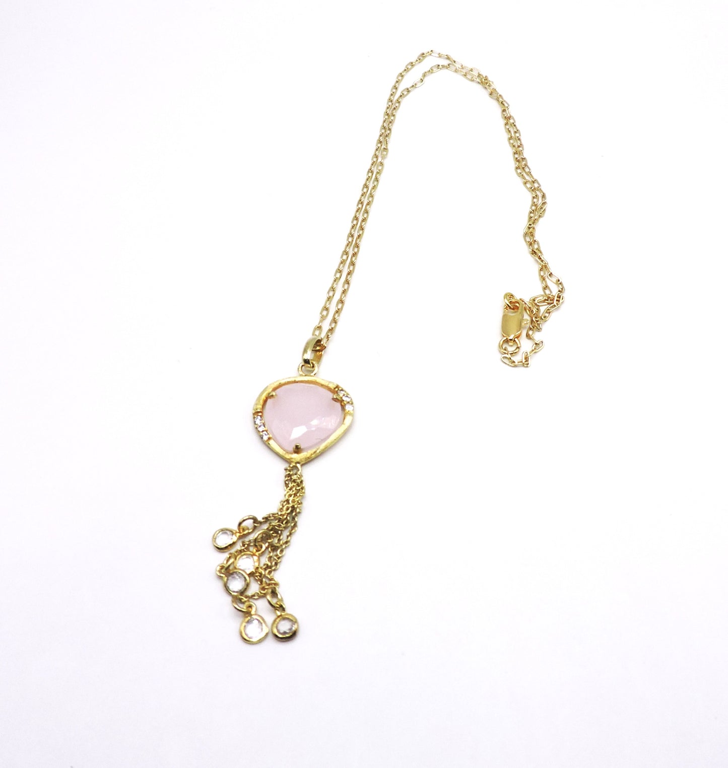 925 Gold Plated Silver Necklace with Zircons and Pink Quartz