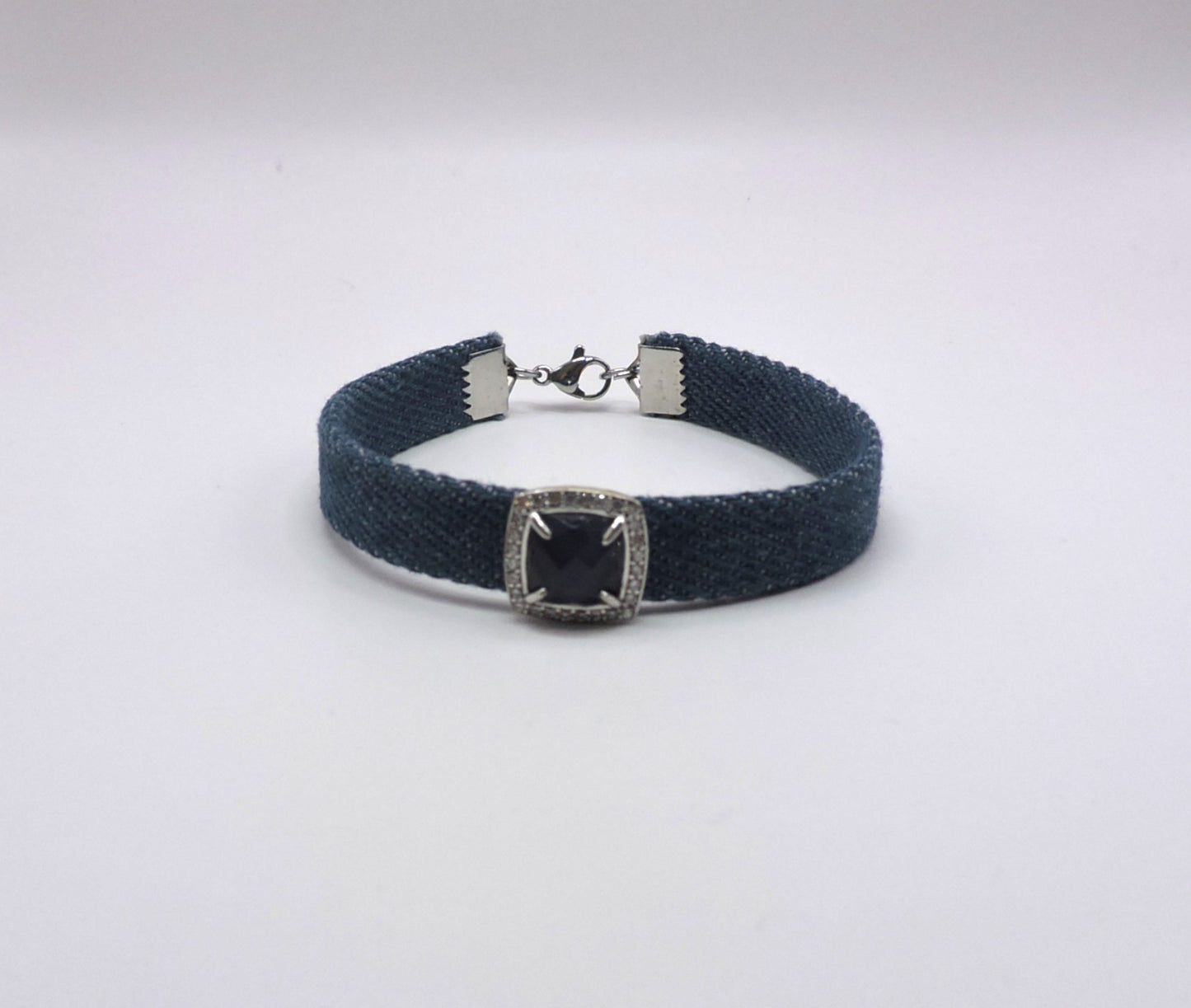 Denim Bracelet with Silver Ornament with Zircons and Semiprecious Stones