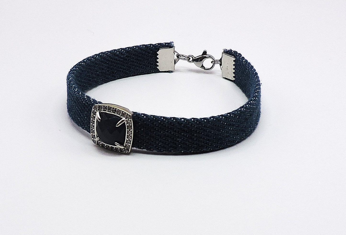 Denim Bracelet with Silver Ornament with Zircons and Semiprecious Stones