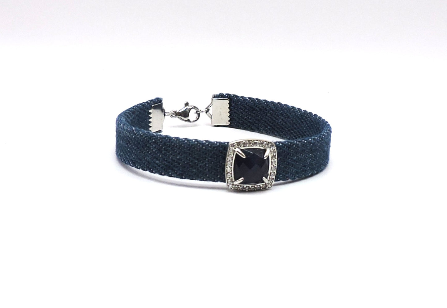 Denim Bracelet with Silver Ornament with Zircons and Semiprecious Stones