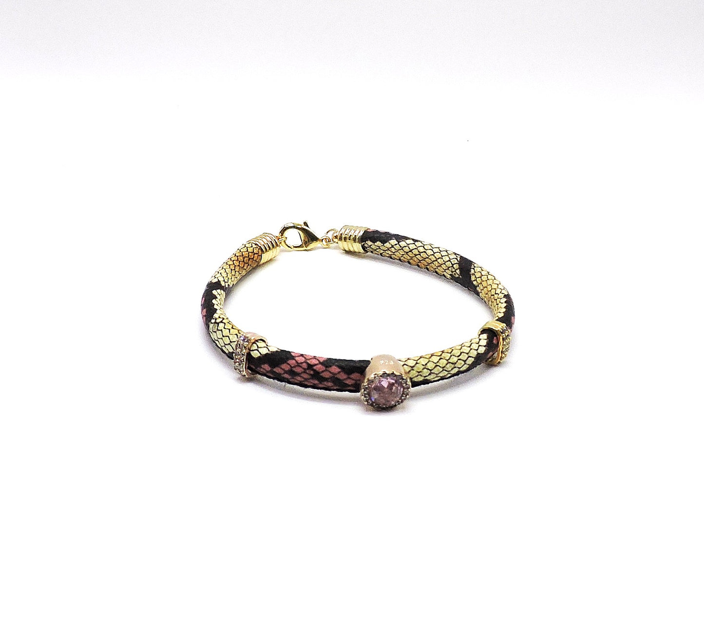 Silver bracelet in gold with a snake strap with semiprecious stones and zircons