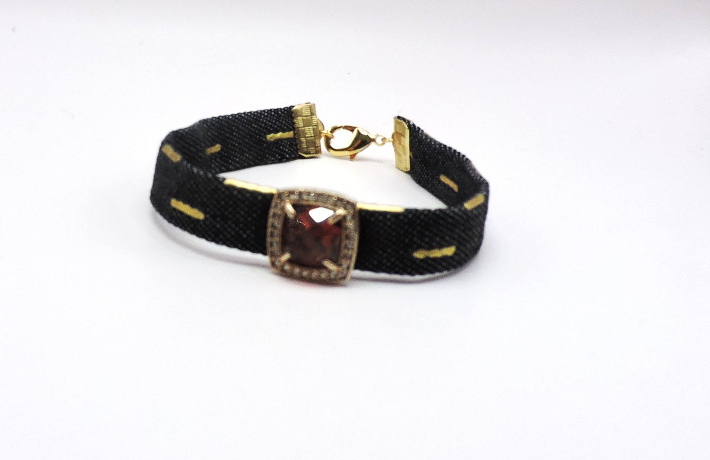 Gold Denim Bracelet with Gold Silver Ornament with Zircons and Semiprecious Stone