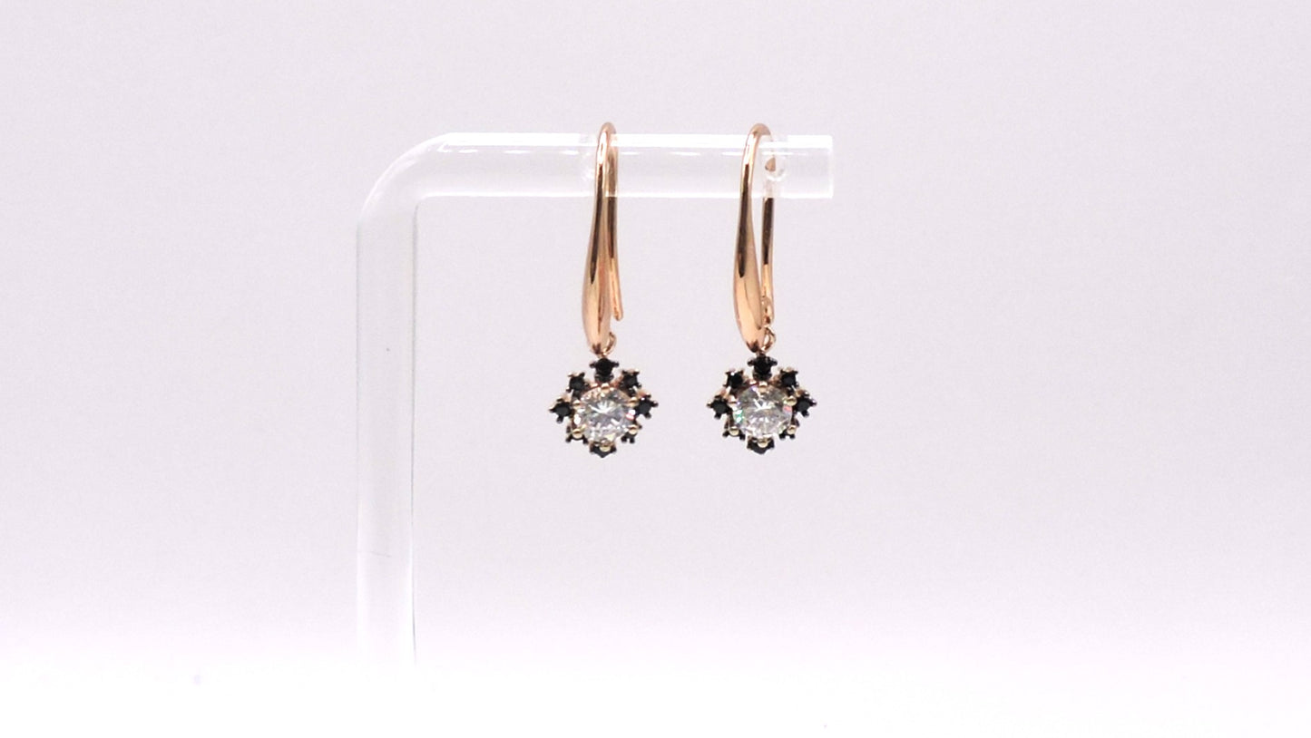 Rose gold silver earring with zircon and black zircons with gold-filled support