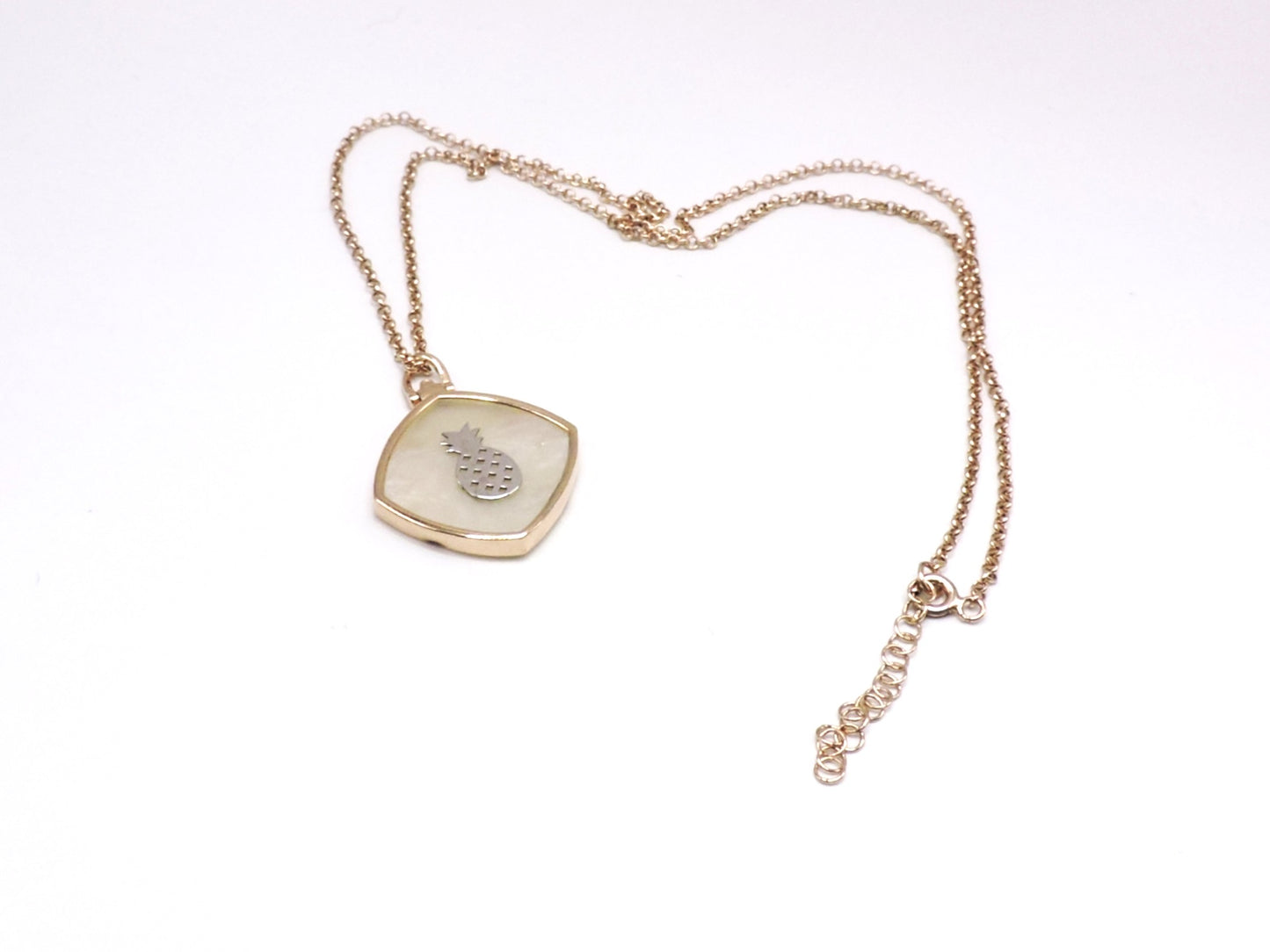 Square Rose Gold Silver Mother of Pearl Necklace with a Pineapple