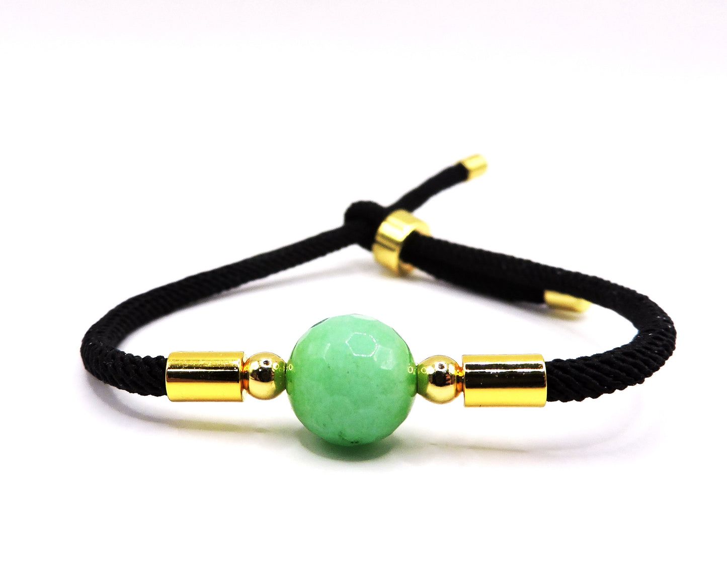 Adjustable cord bracelet with real green stone.