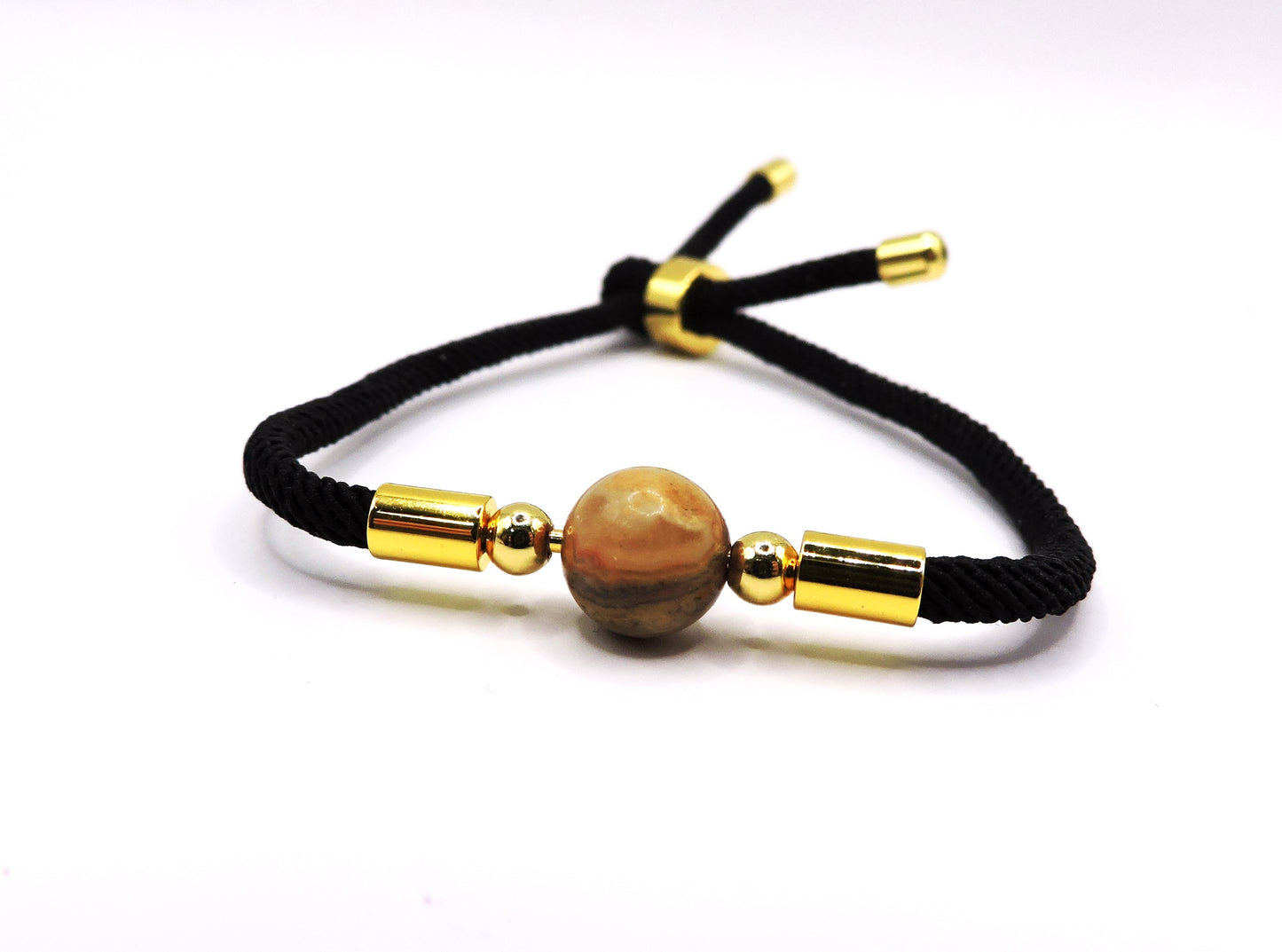 Adjustable cord bracelet with beige real stone
