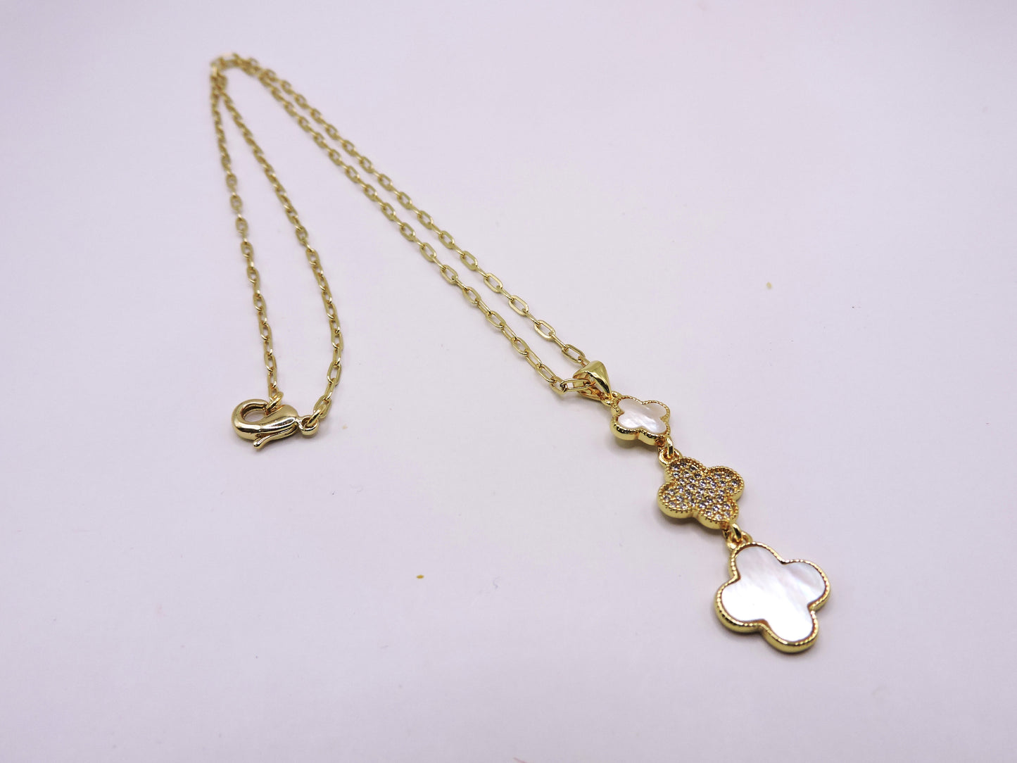 Triple Clover Necklace with Micropave and Mother of Pearl in Goldfilled