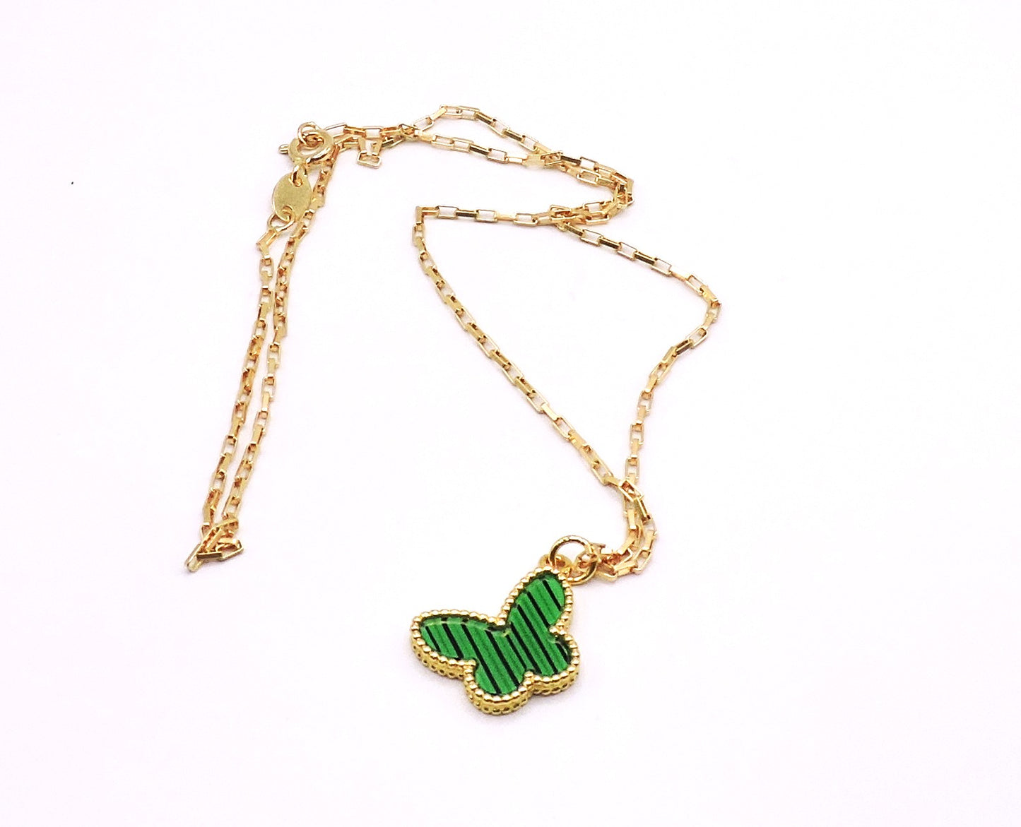 Green butterfly necklace in gold-filled