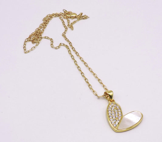 Mother of Pearl and Micropave Heart Necklace in Goldfilled