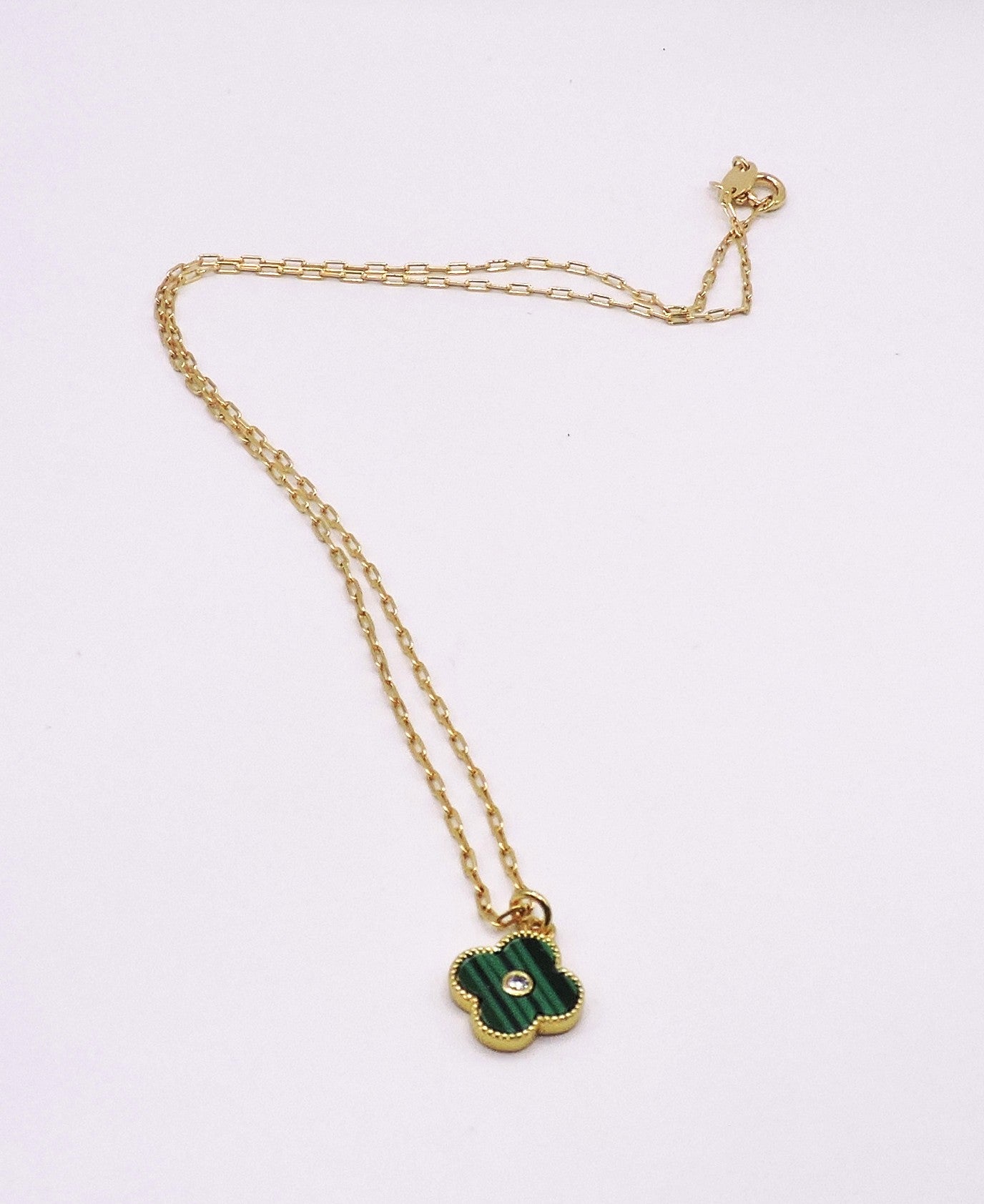 Green Clover Necklace with Zircon in Gold Filled