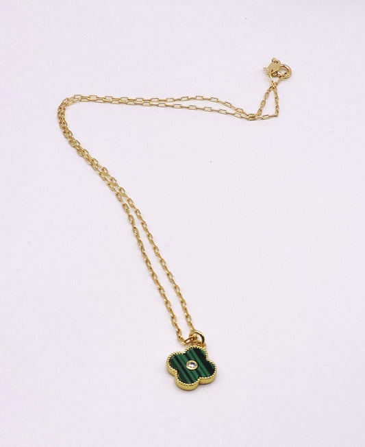 Green Clover Necklace with Zircon in Gold Filled