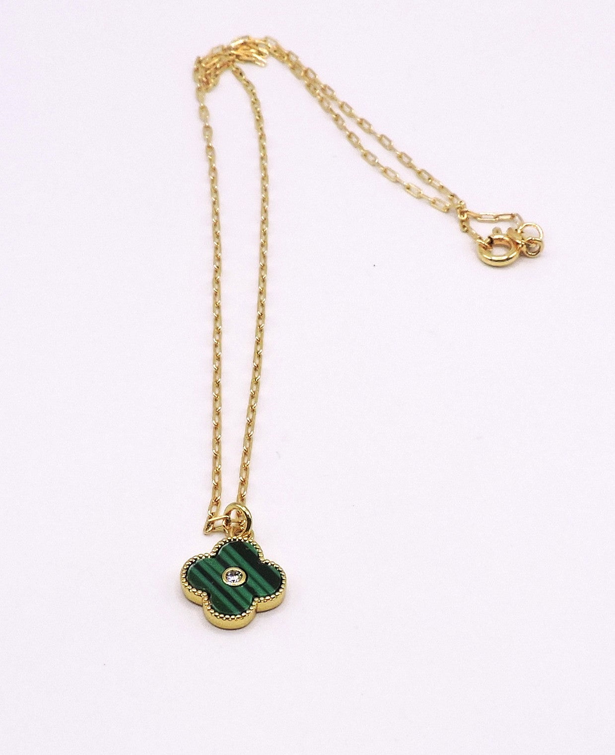 Green Clover Necklace with Zircon in Gold Filled