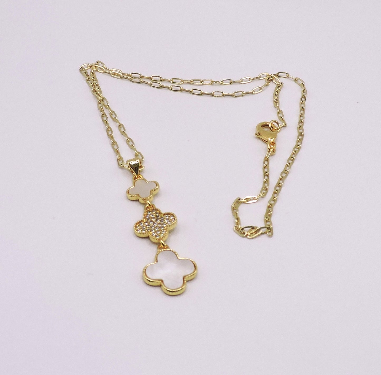 Triple Clover Necklace with Micropave and Mother of Pearl in Goldfilled