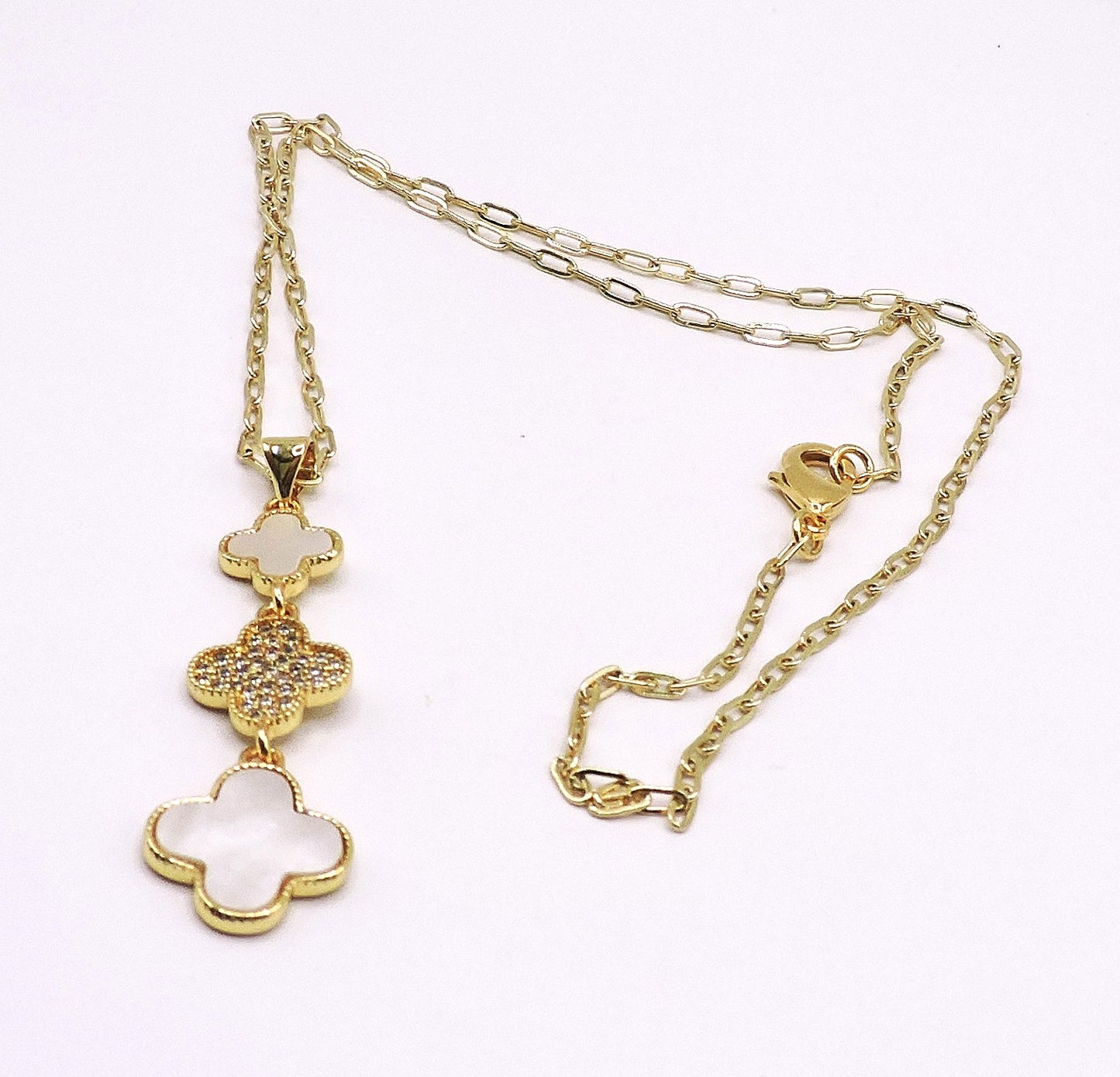 Triple Clover Necklace with Micropave and Mother of Pearl in Goldfilled