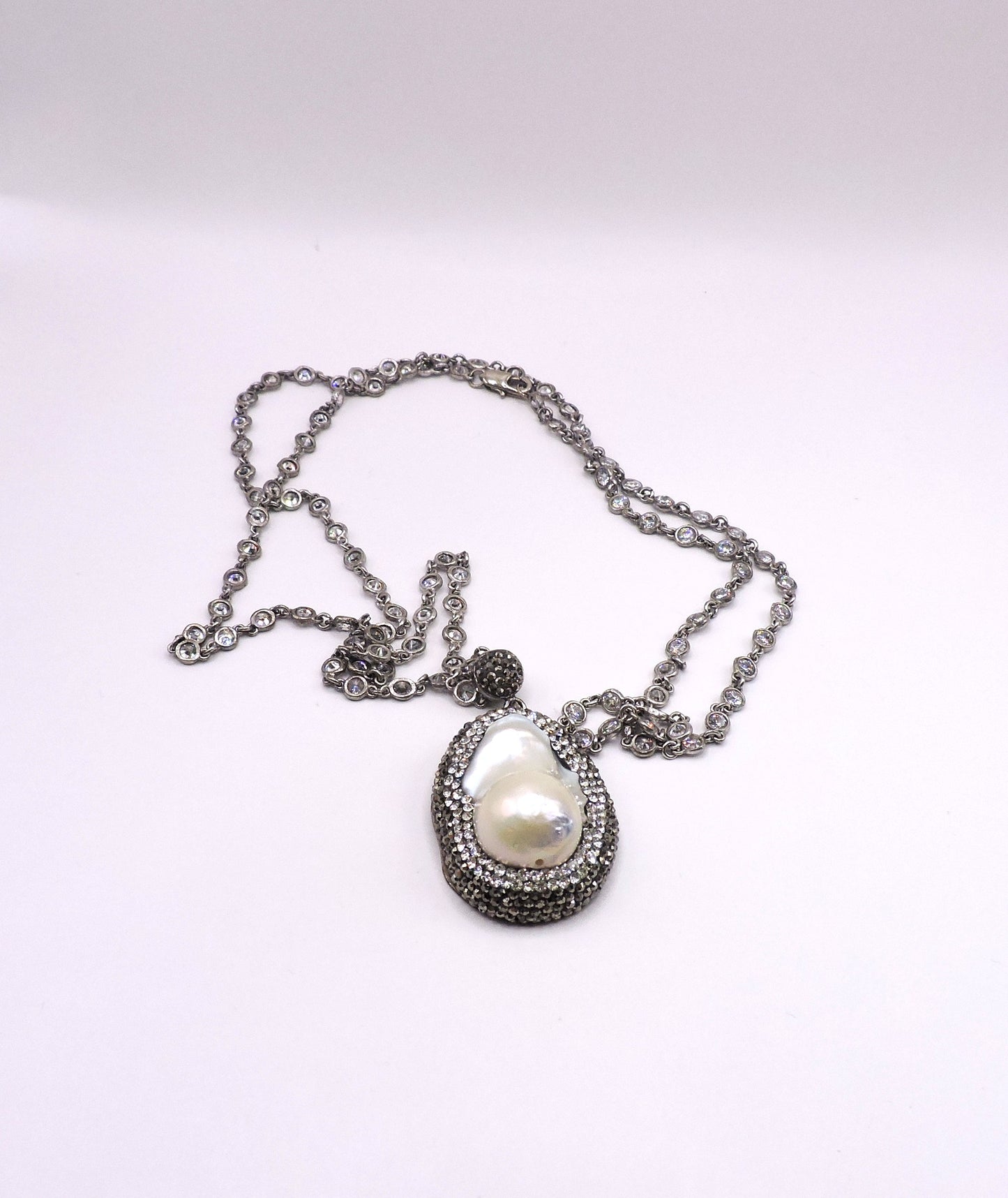 Silver Pearl Necklace with Micropave and Silver Chain with Zircons