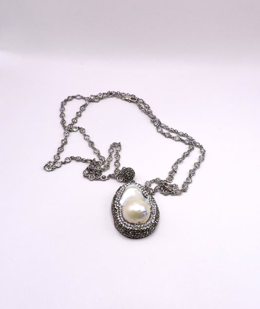 Silver Pearl Necklace with Micropave and Silver Chain with Zircons