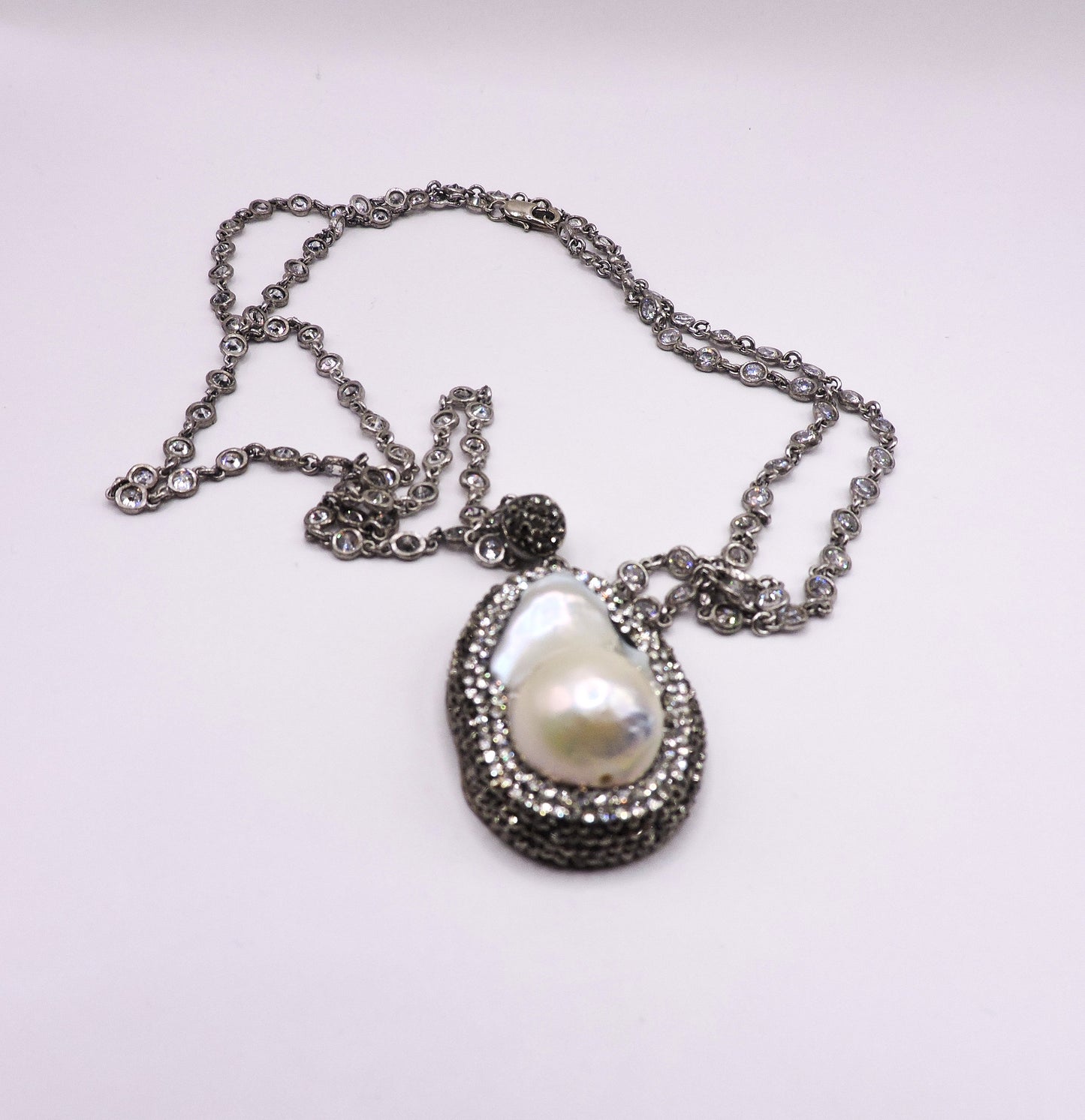 Silver Pearl Necklace with Micropave and Silver Chain with Zircons
