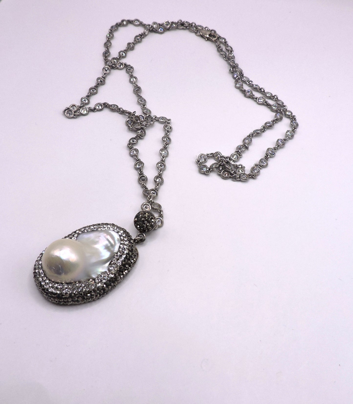 Silver Pearl Necklace with Micropave and Silver Chain with Zircons