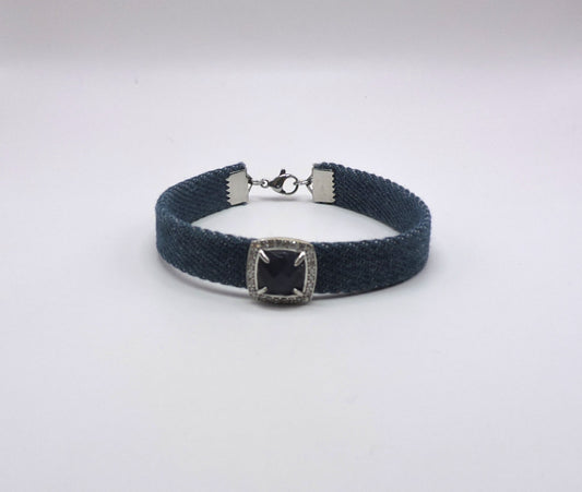 Denim Bracelet with Silver Ornament with Zircons and Semiprecious Stones