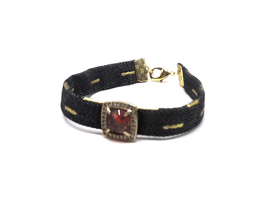 Gold Denim Bracelet with Gold Silver Ornament with Zircons and Semiprecious Stone