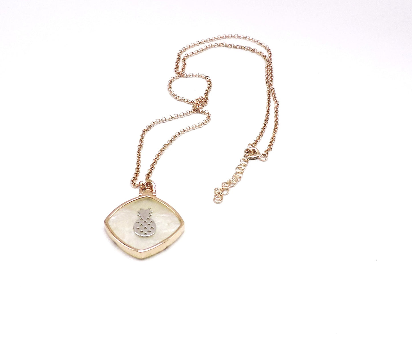 Square Rose Gold Silver Mother of Pearl Necklace with a Pineapple