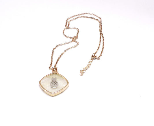 Square Rose Gold Silver Mother of Pearl Necklace with a Pineapple