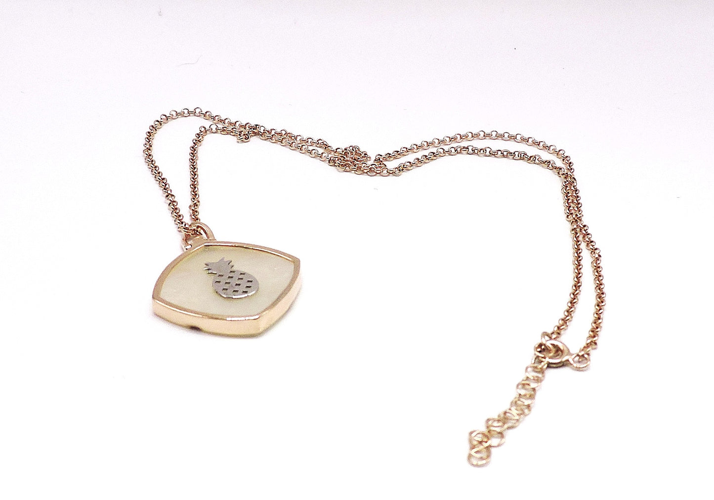 Square Rose Gold Silver Mother of Pearl Necklace with a Pineapple
