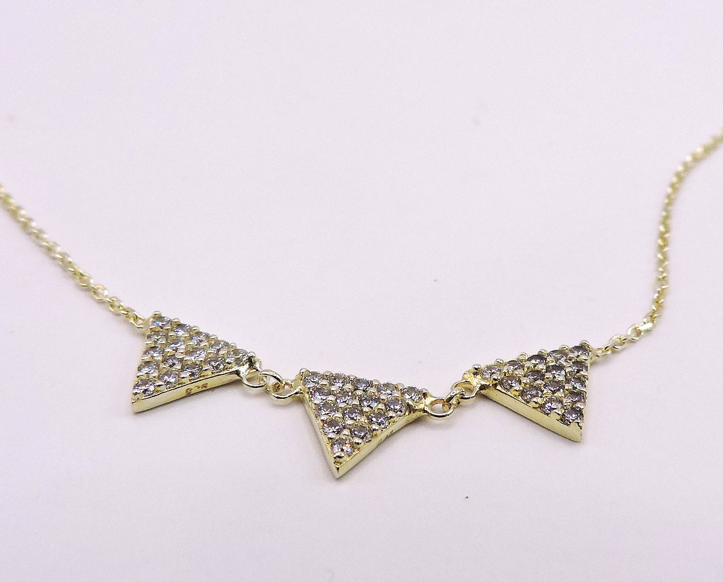 Gold-plated silver necklace with 3 micropave triangles