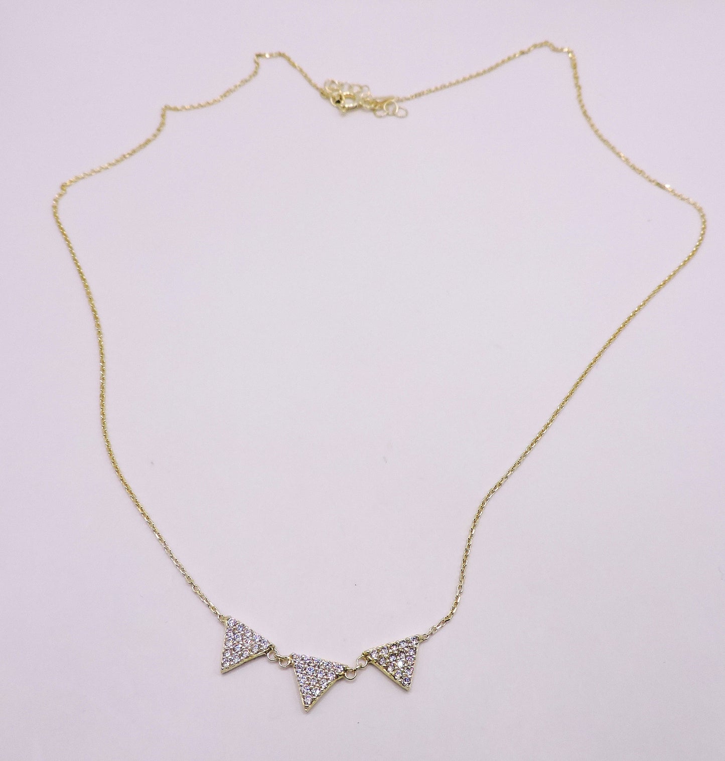 Gold-plated silver necklace with 3 micropave triangles