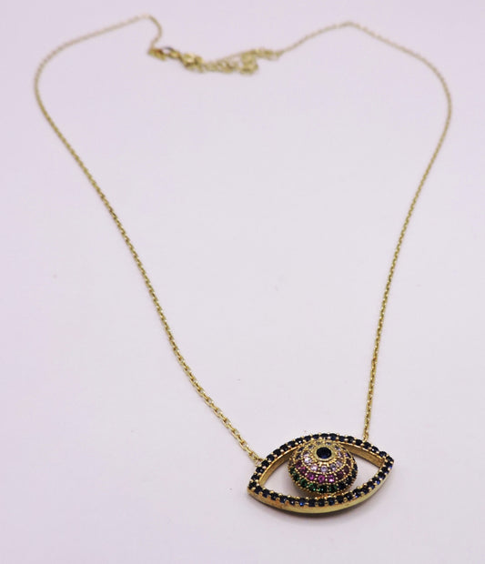 Gold-plated silver eye necklace with colored zircons.
