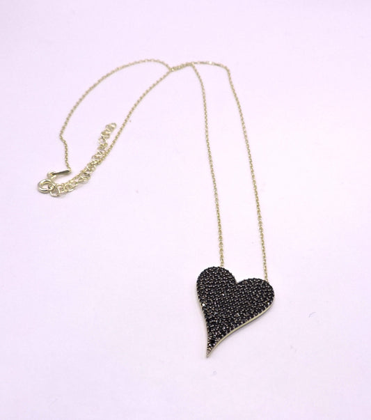 Gold-plated silver necklace, heart-shaped with black zircons.